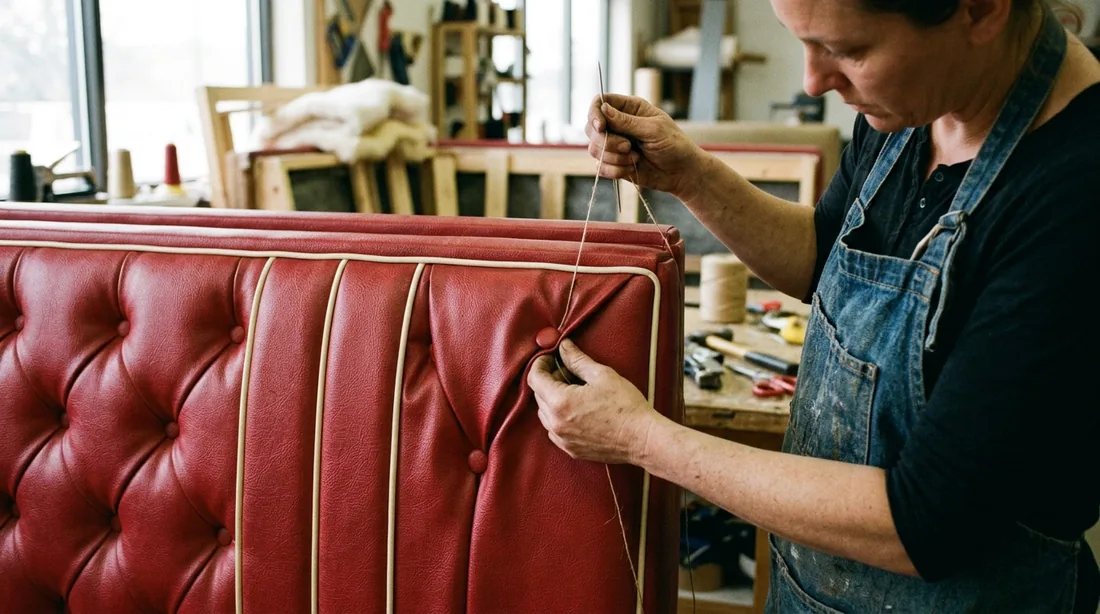 Channel stitching, buttoned tufting, and contrast welt cords all get rebuilt to match — Knoxville, TN