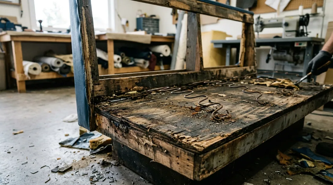 Old vinyl, staples, and compressed foam come off the plywood substrate so the shop can see rot, — Knoxville, TN