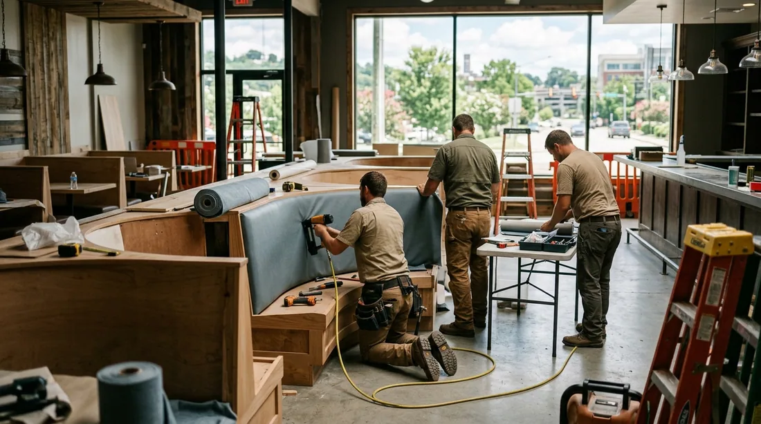 A small professional crew working on a booth upholstery job at a property, seen from behind and at — Knoxville, TN